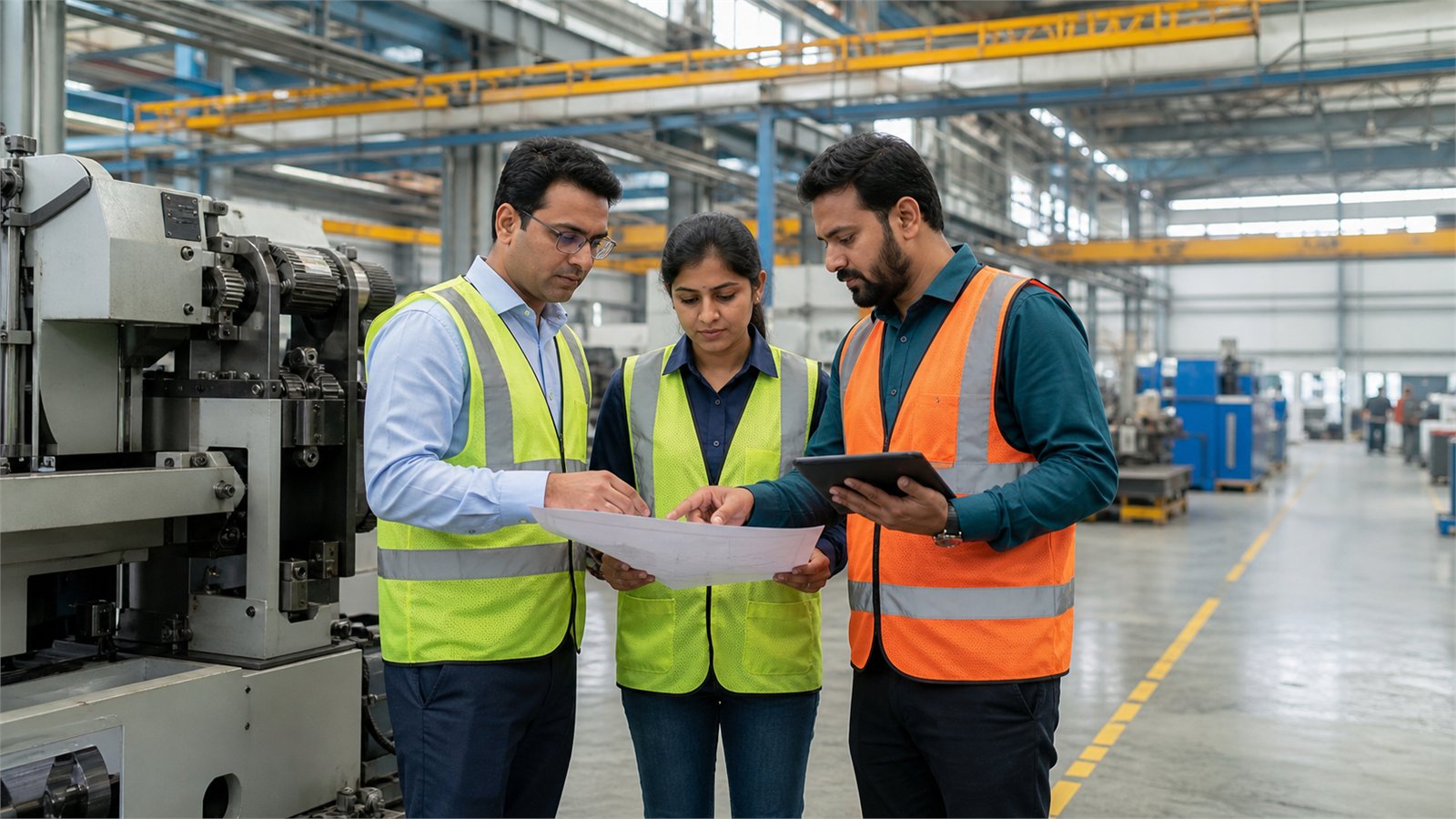 Three Indian industrial professionals reviewing an equipment drawing beside machinery.