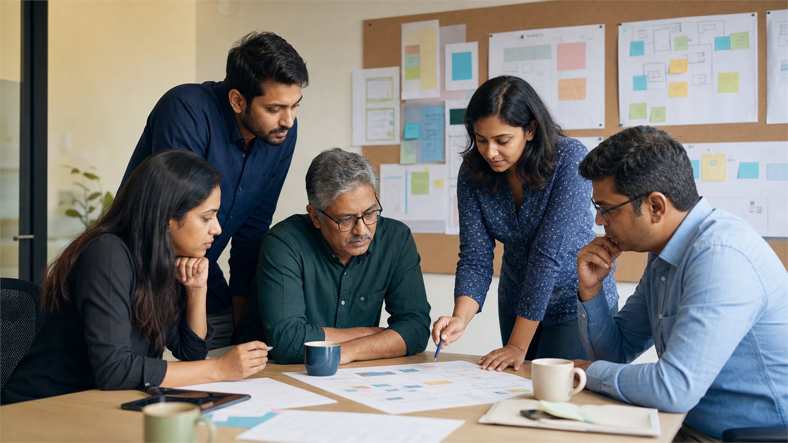A cross-functional Indian product and operations team reviewing a workflow in an office.