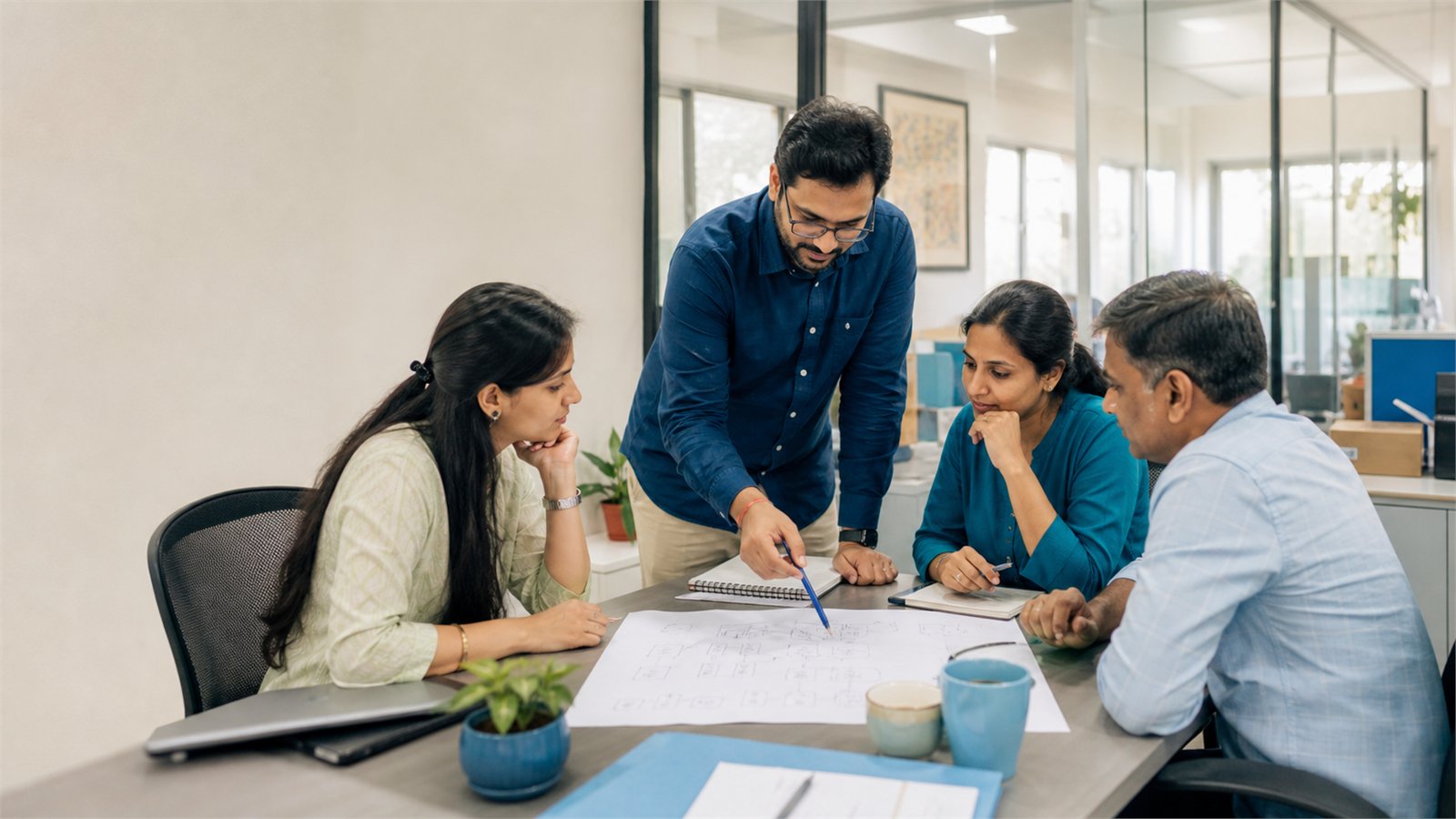 Four Indian business professionals mapping a workflow together around an office table.